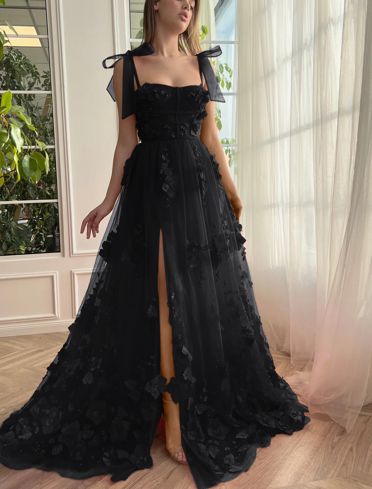 Scarlet Lace A-line 3D Flower Long Prom Dress With Slit