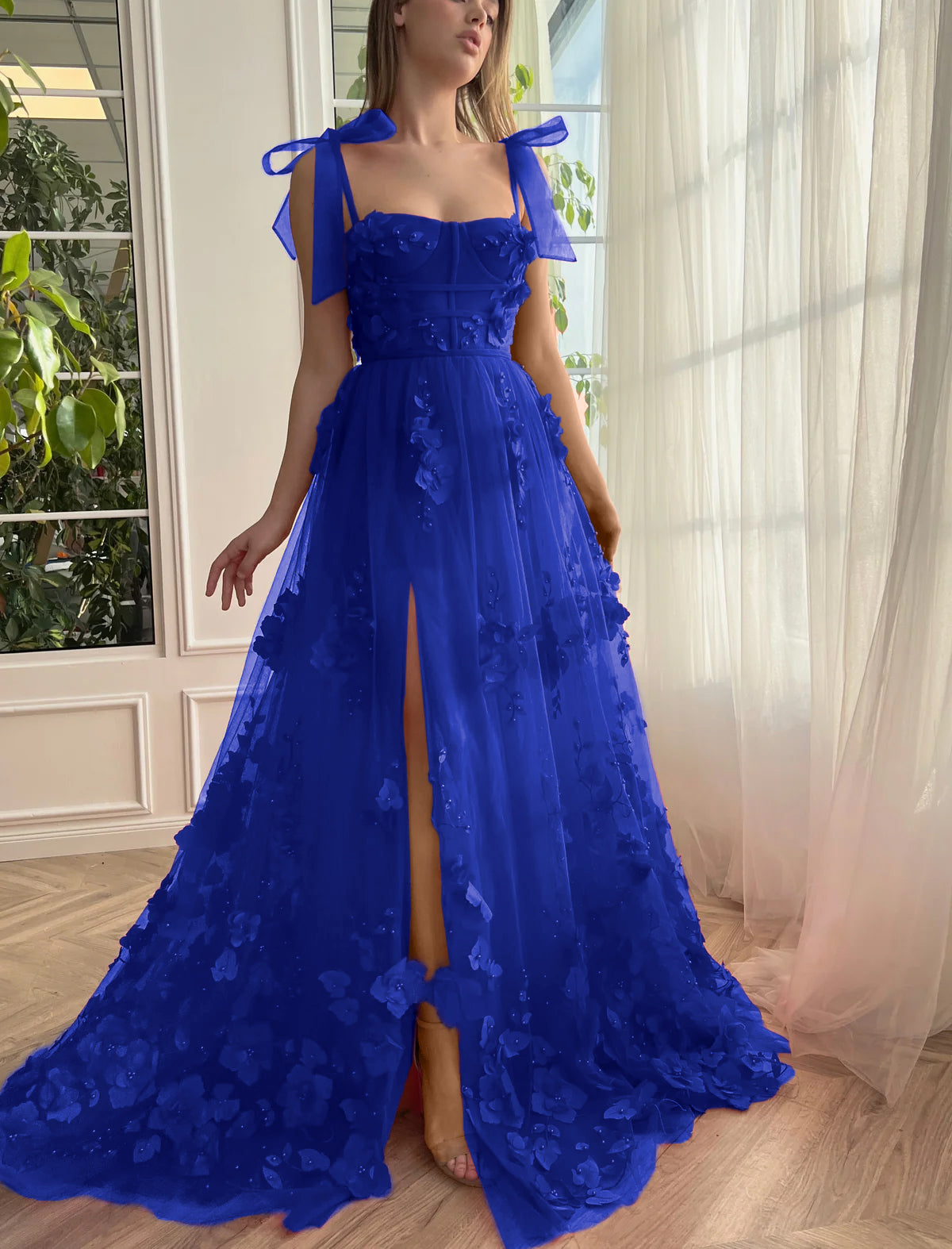 Scarlet Lace A-line 3D Flower Long Prom Dress With Slit