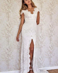 Cap Sleeve Satin Lace Split Mermaid Wedding Dress