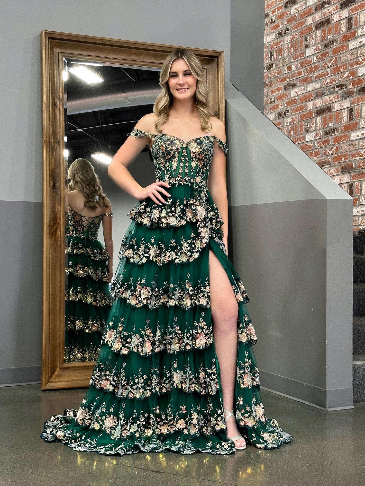 Green Crystal Sequins Princess A Line Off the Shoulder Prom Dress with Lace Ruffles