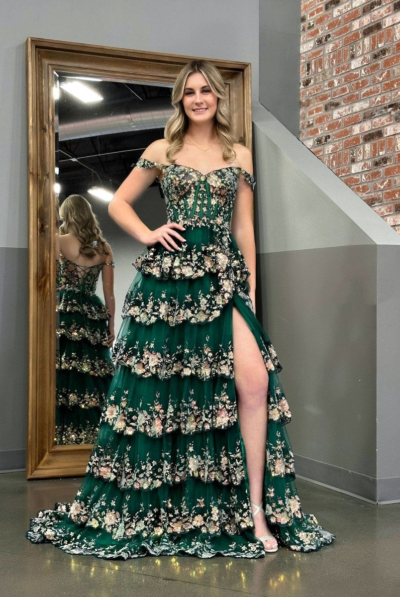 Capri | Green Crystal Sequins Princess A Line Off the Shoulder Prom Dress with Lace Ruffles - KissProm