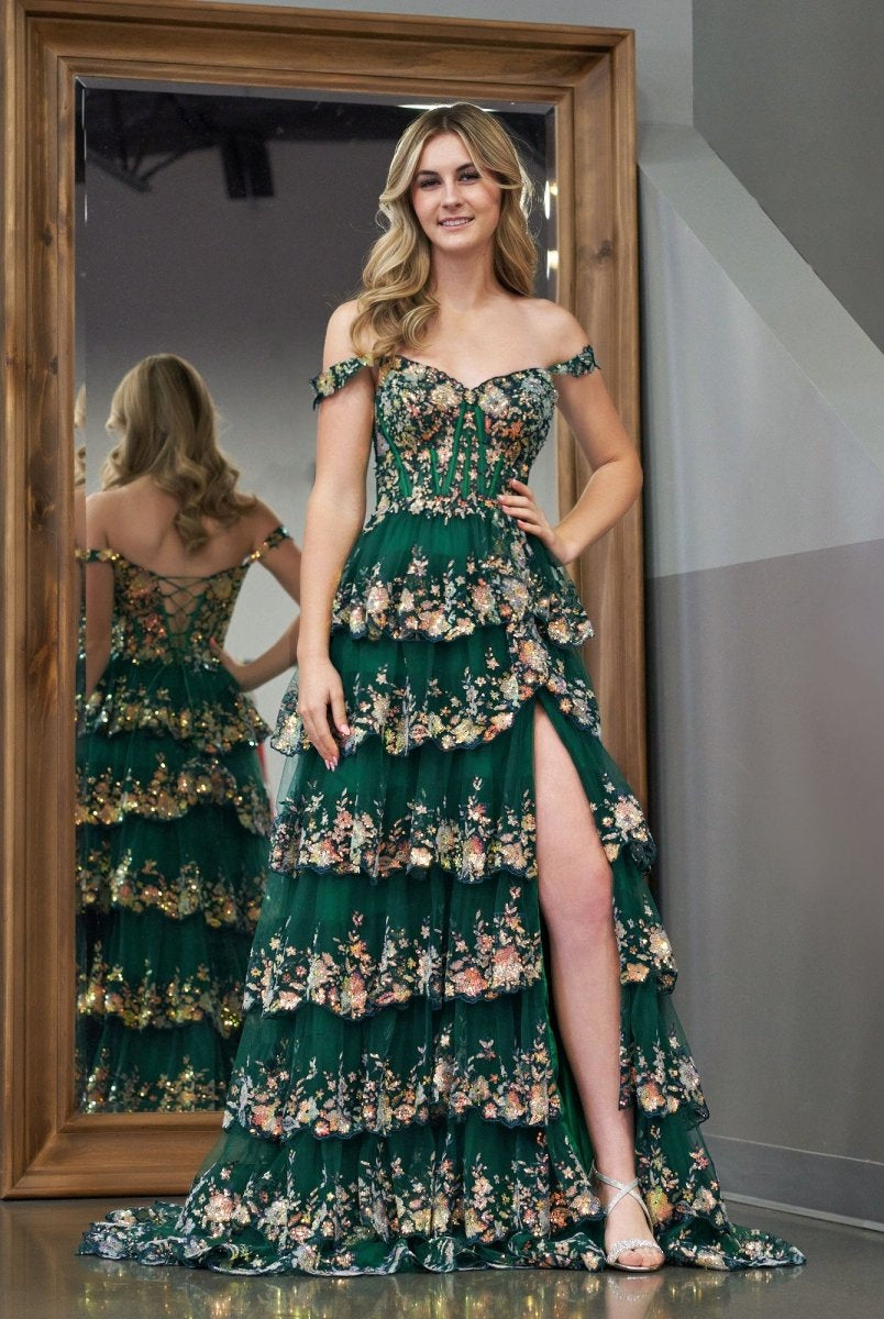 Capri | Green Crystal Sequins Princess A Line Off the Shoulder Prom Dress with Lace Ruffles - KissProm