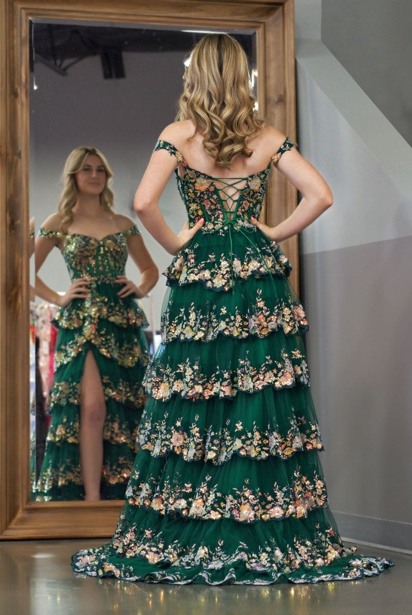 Capri | Green Crystal Sequins Princess A Line Off the Shoulder Prom Dress with Lace Ruffles - KissProm