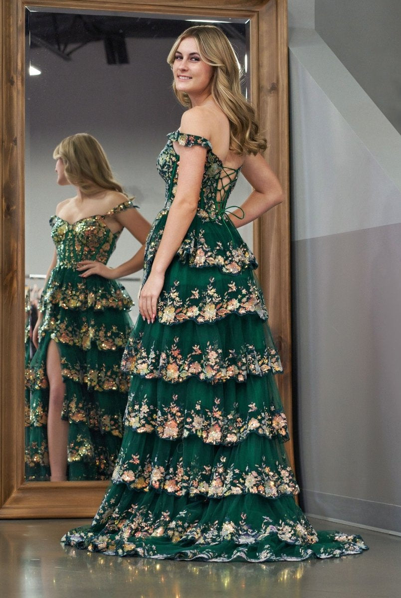 Capri | Green Crystal Sequins Princess A Line Off the Shoulder Prom Dress with Lace Ruffles - KissProm