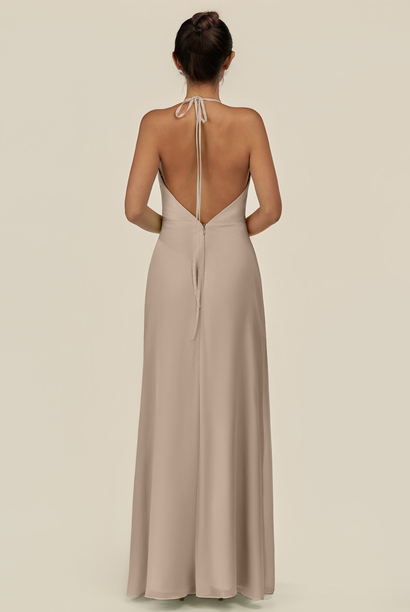 KissDress-Caris Almond A Line Chiffon Halter Neck Pleated Long Bridesmaid Dress with Slit