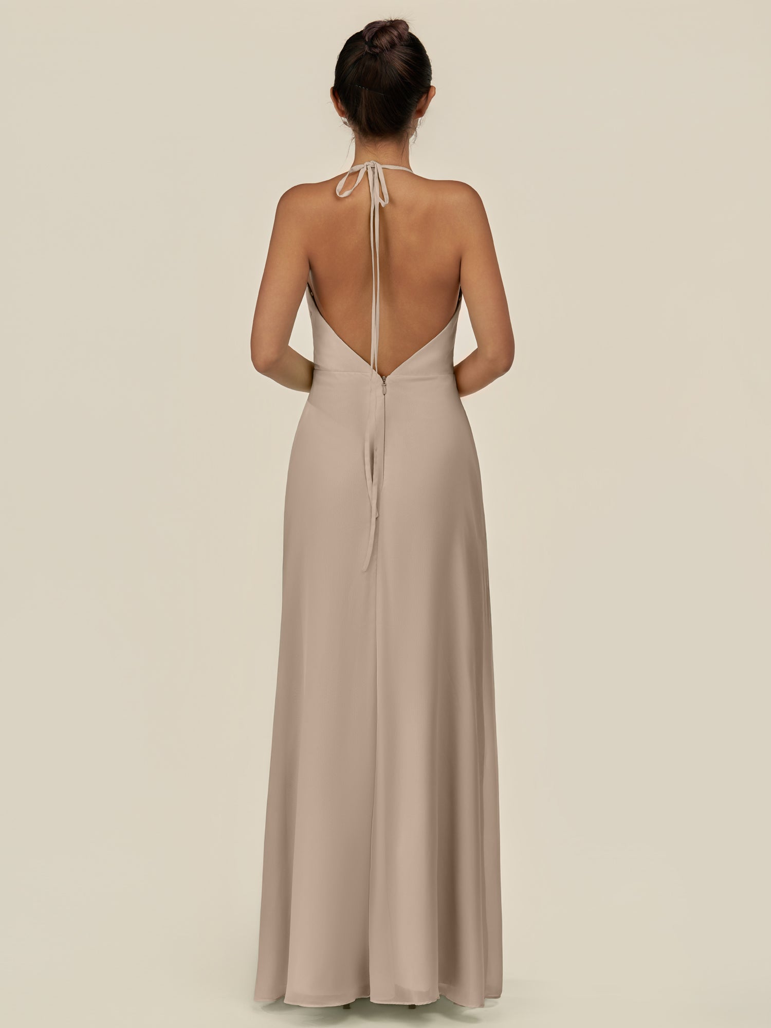 KissDress-Caris Almond A Line Chiffon Halter Neck Pleated Long Bridesmaid Dress with Slit