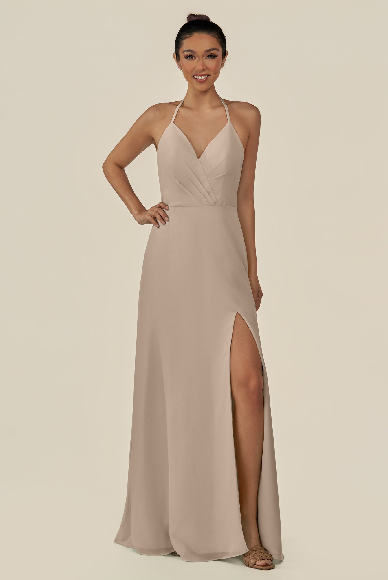 KissDress-Caris Almond A Line Chiffon Halter Neck Pleated Long Bridesmaid Dress with Slit