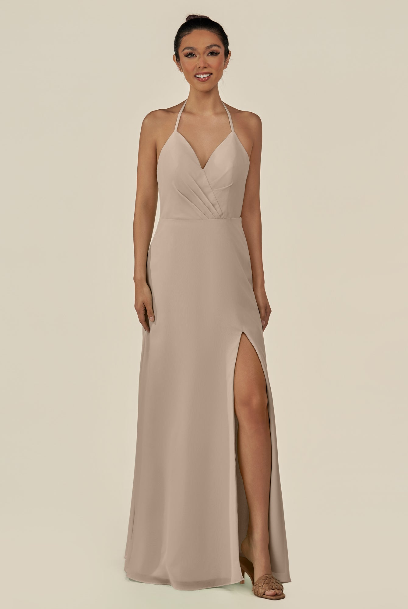 KissDress-Caris Almond A Line Chiffon Halter Neck Pleated Long Bridesmaid Dress with Slit