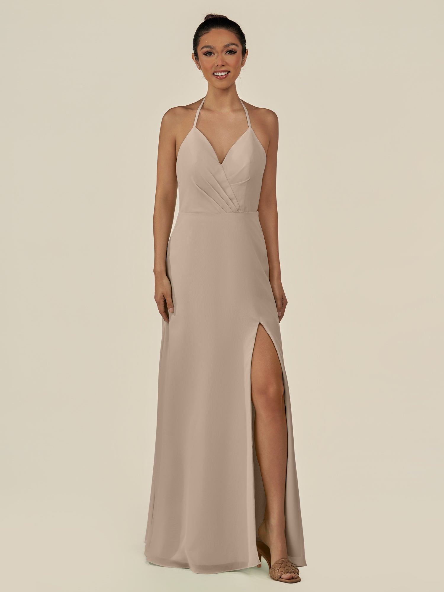 KissDress-Caris Almond A Line Chiffon Halter Neck Pleated Long Bridesmaid Dress with Slit