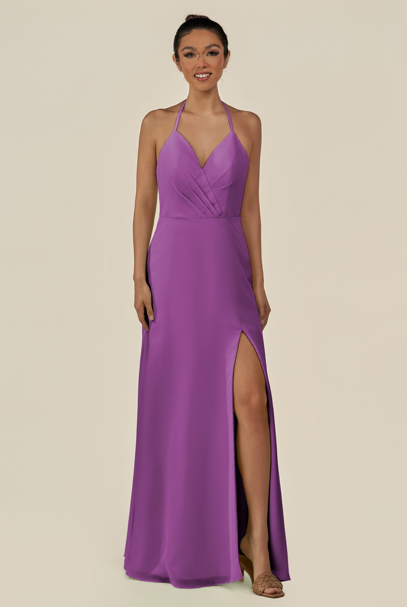 KissDress-Caris Amethyst A Line Chiffon Halter Neck Pleated Long Bridesmaid Dress with Slit