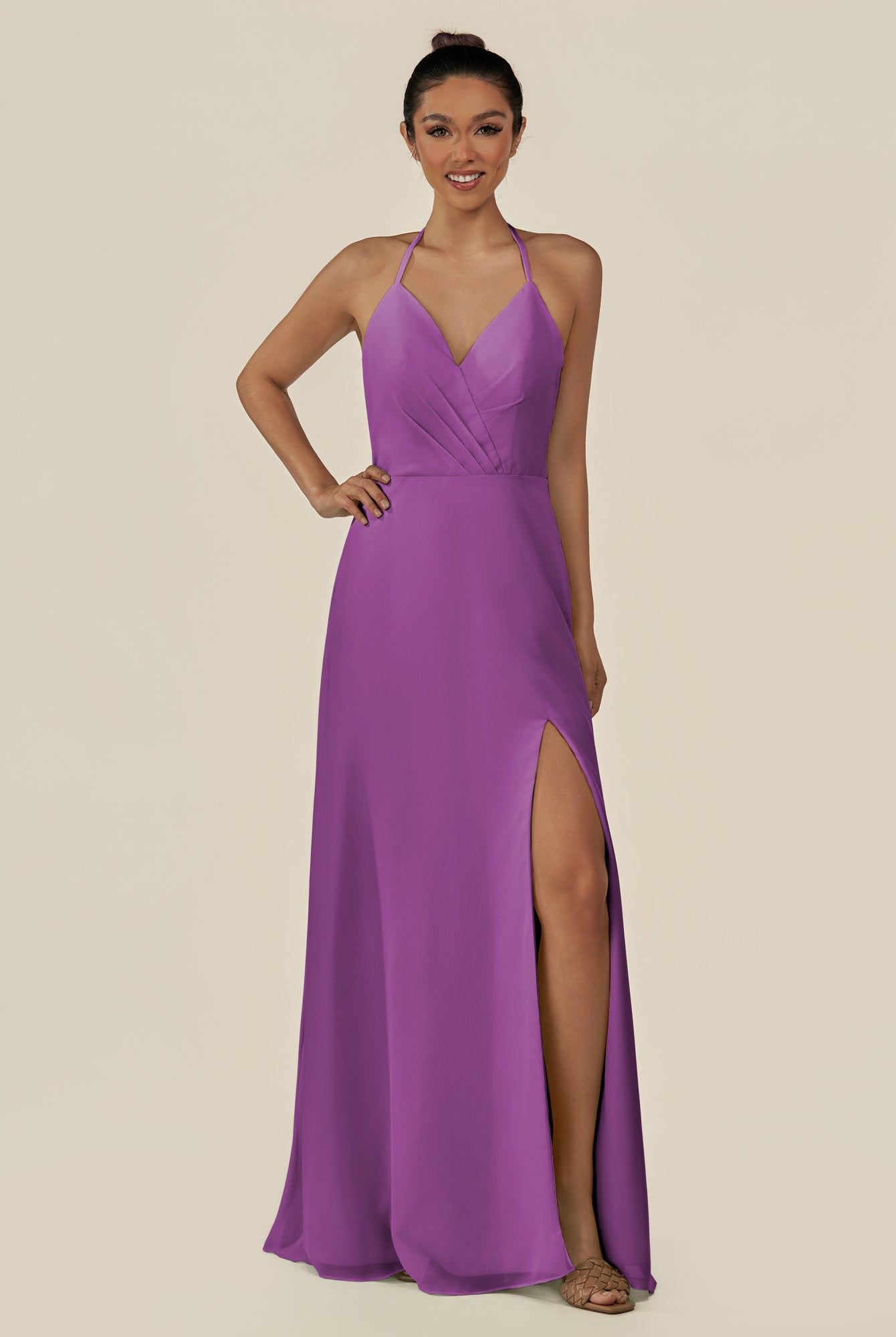 KissDress-Caris Amethyst A Line Chiffon Halter Neck Pleated Long Bridesmaid Dress with Slit