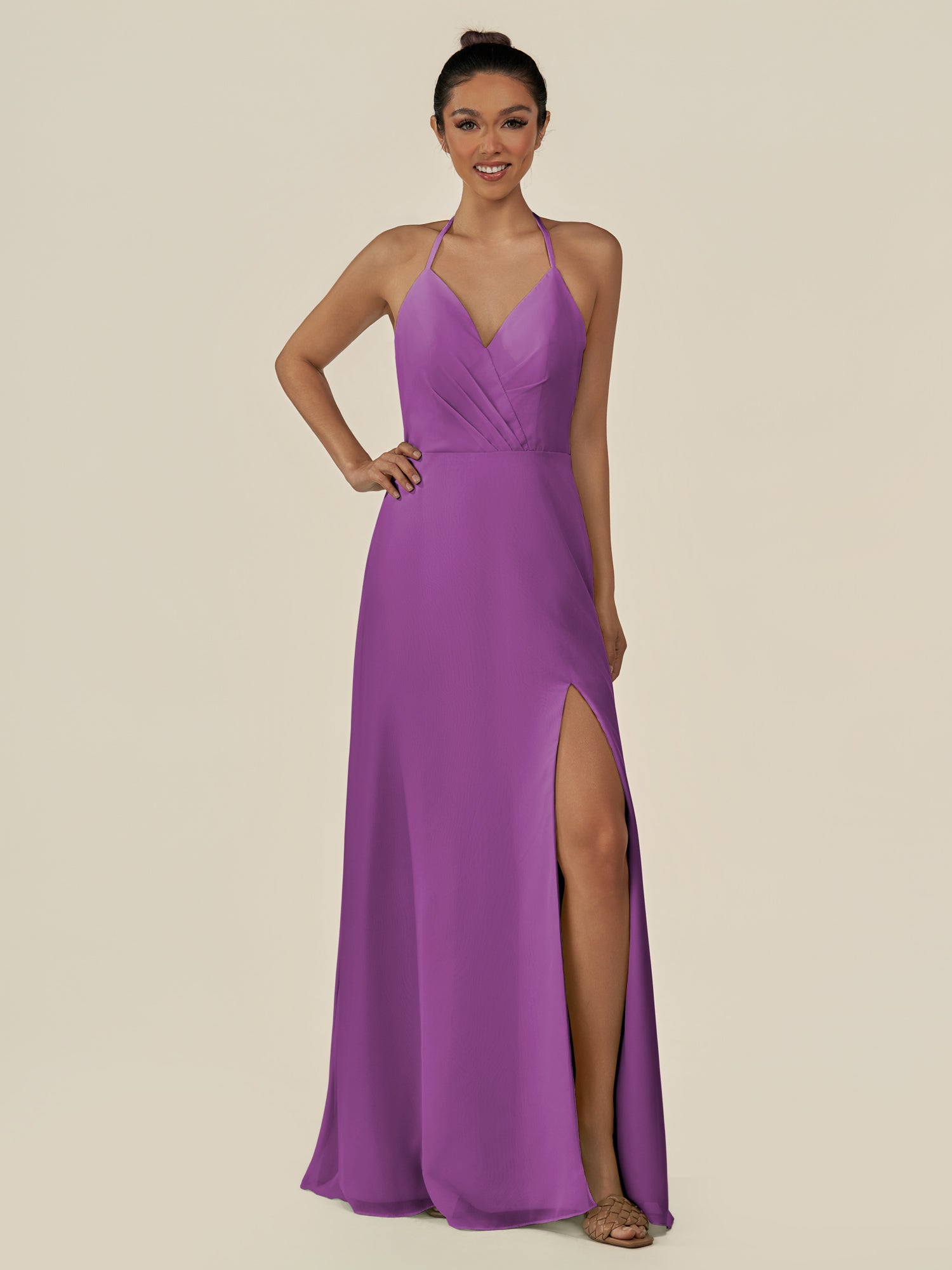 KissDress-Caris Amethyst A Line Chiffon Halter Neck Pleated Long Bridesmaid Dress with Slit