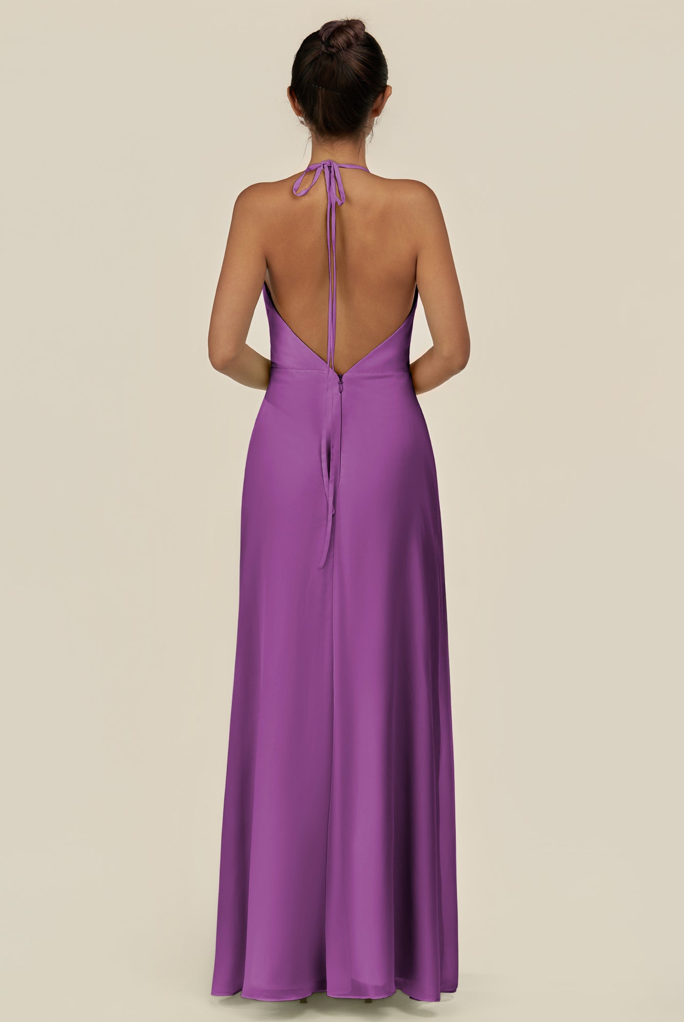 KissDress-Caris Amethyst A Line Chiffon Halter Neck Pleated Long Bridesmaid Dress with Slit