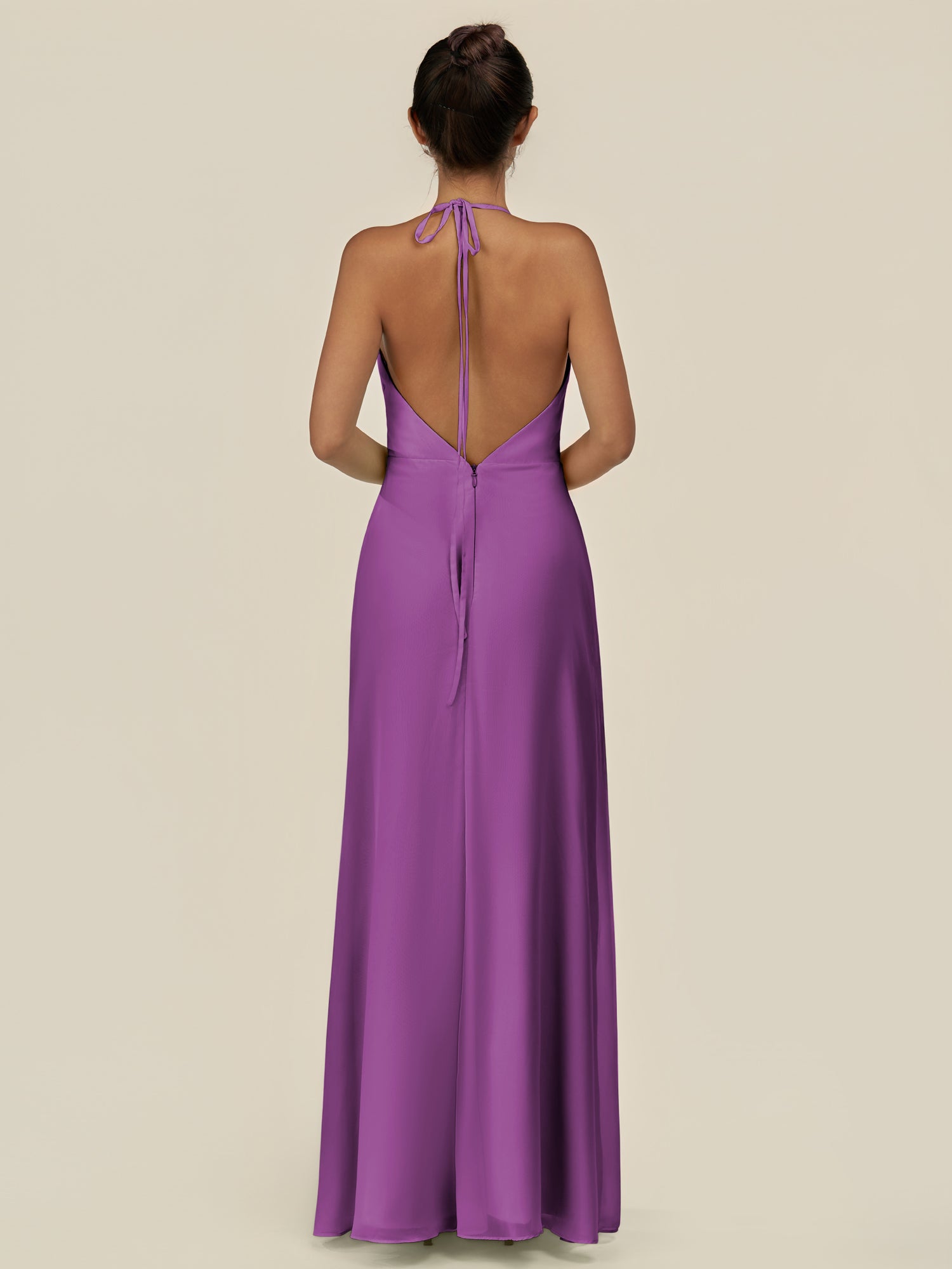 KissDress-Caris Amethyst A Line Chiffon Halter Neck Pleated Long Bridesmaid Dress with Slit