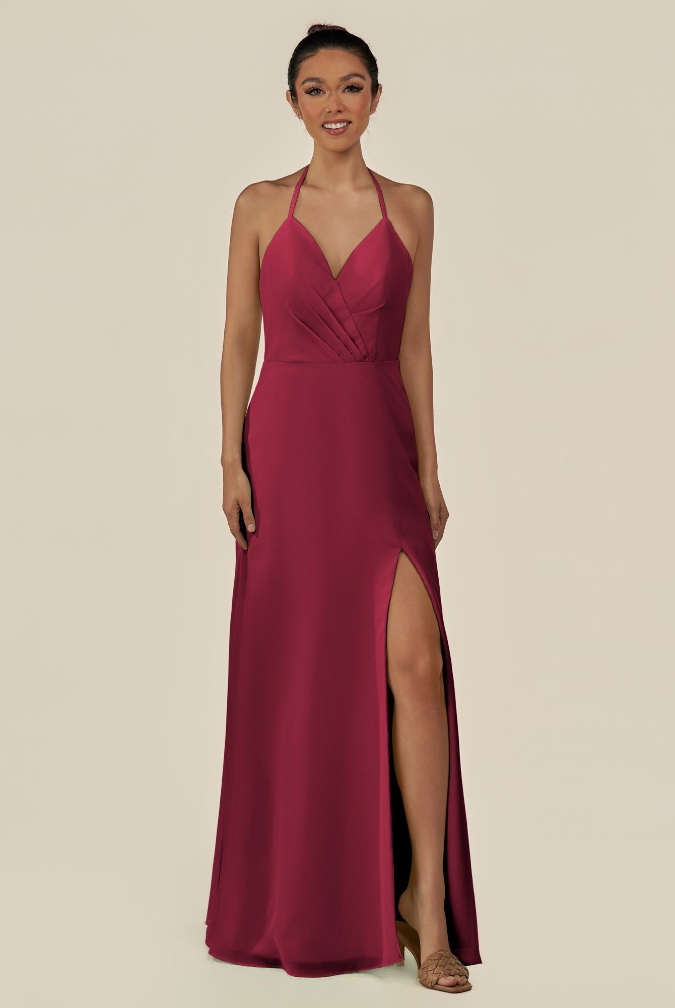 KissDress-Caris Berry A Line Chiffon Halter Neck Pleated Long Bridesmaid Dress with Slit