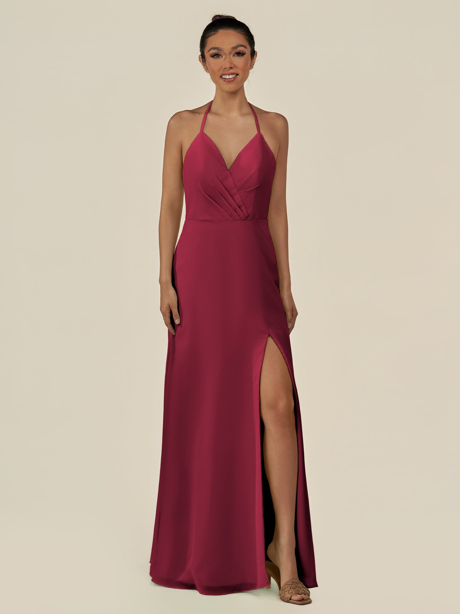 KissDress-Caris Berry A Line Chiffon Halter Neck Pleated Long Bridesmaid Dress with Slit