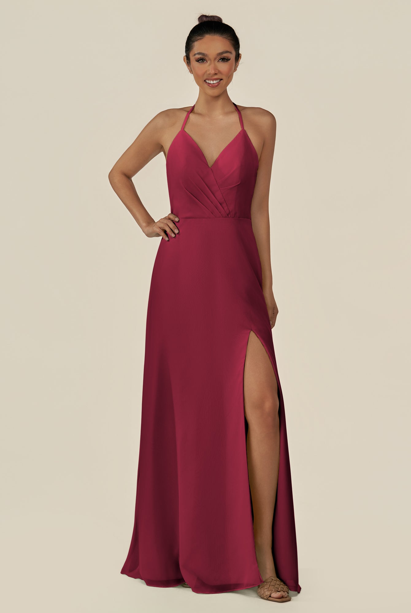 KissDress-Caris Berry A Line Chiffon Halter Neck Pleated Long Bridesmaid Dress with Slit