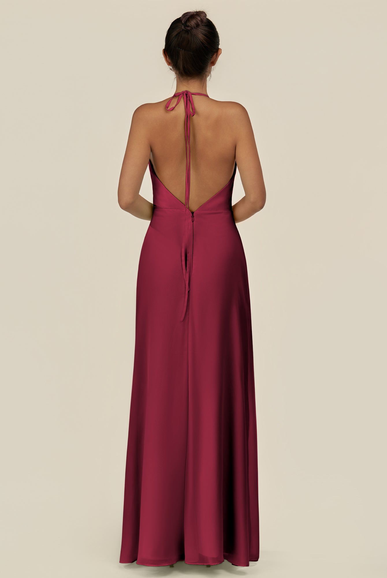 KissDress-Caris Berry A Line Chiffon Halter Neck Pleated Long Bridesmaid Dress with Slit