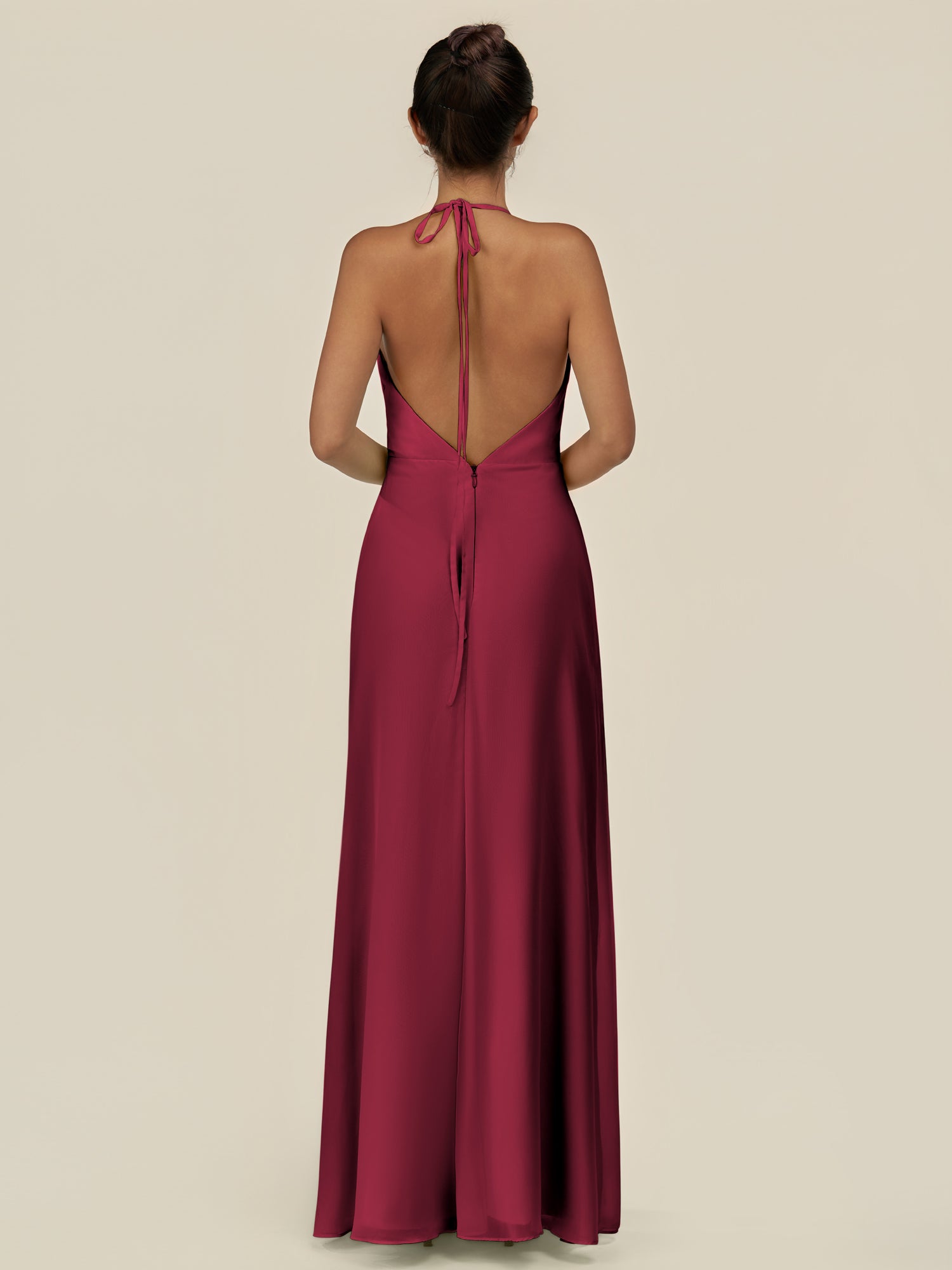 KissDress-Caris Berry A Line Chiffon Halter Neck Pleated Long Bridesmaid Dress with Slit