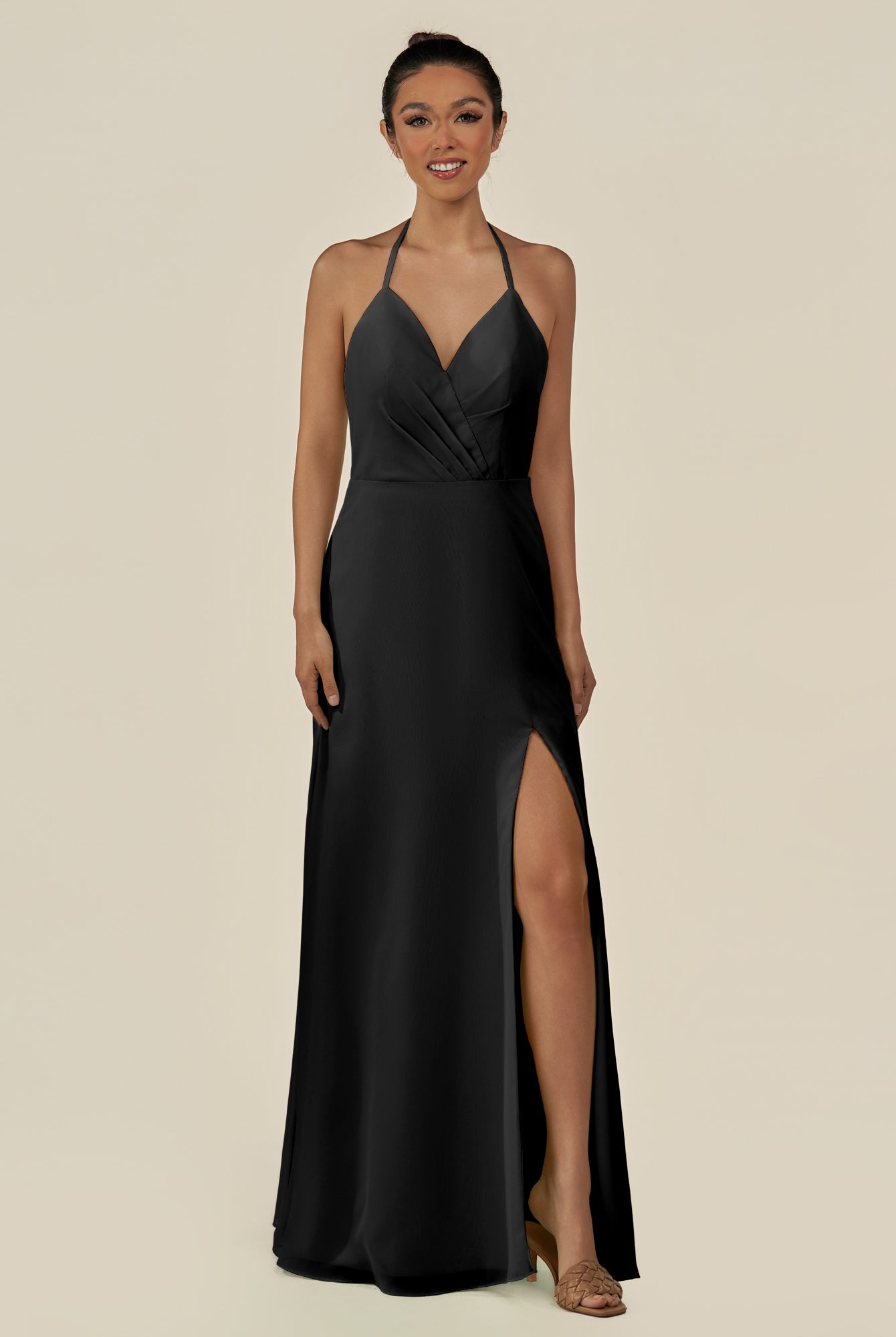 KissDress-Caris Black A Line Chiffon Halter Neck Pleated Long Bridesmaid Dress with Slit