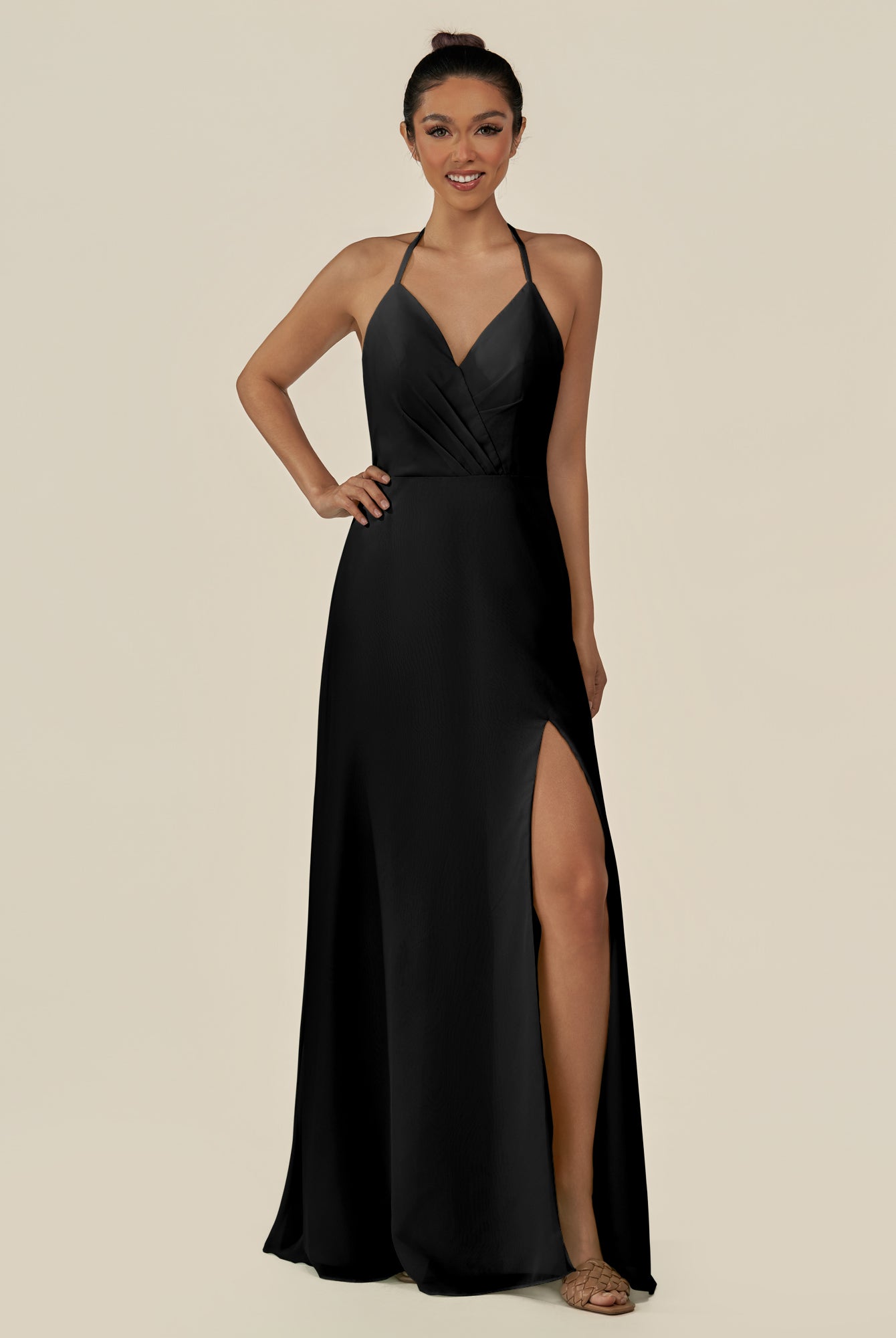 KissDress-Caris Black A Line Chiffon Halter Neck Pleated Long Bridesmaid Dress with Slit