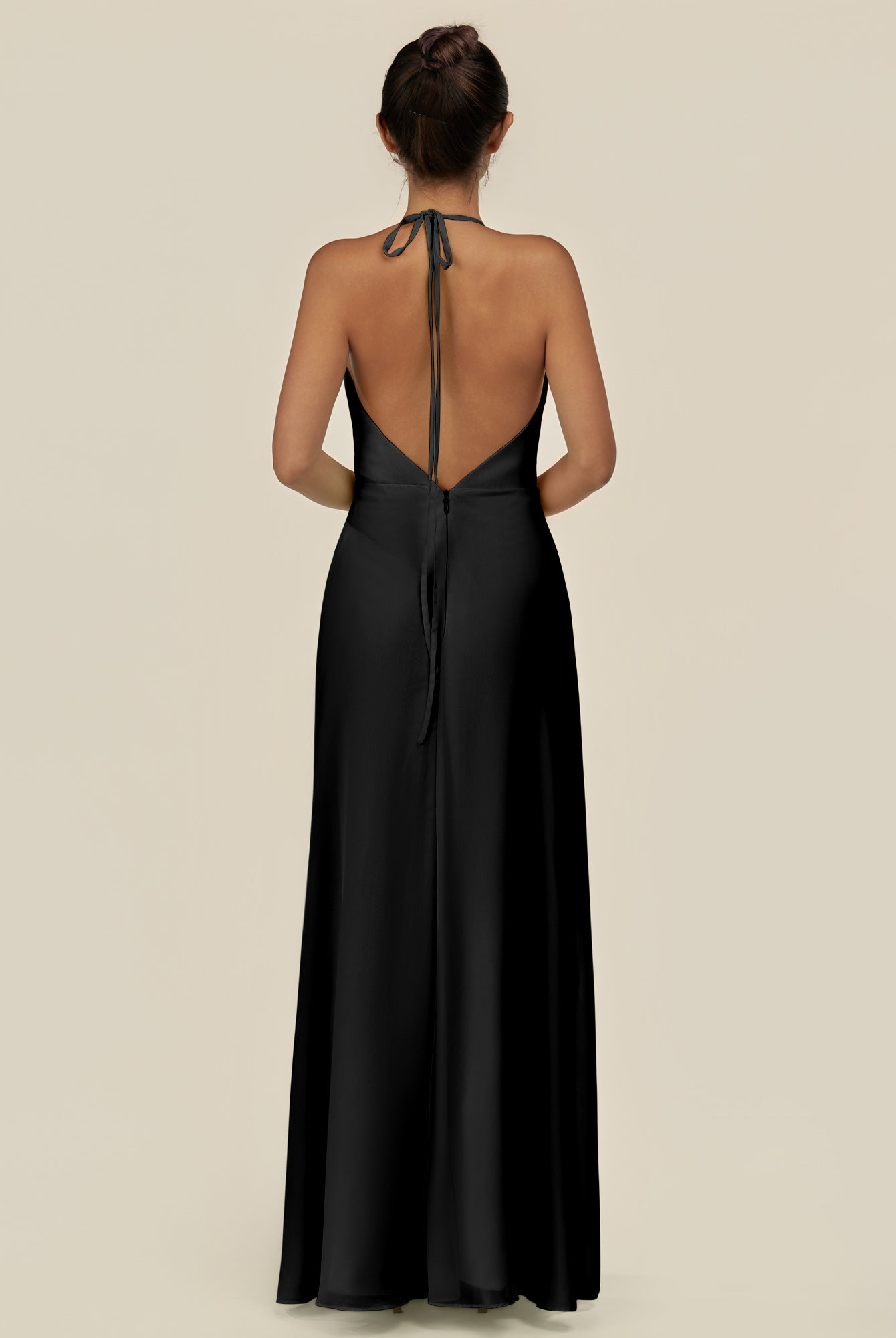 KissDress-Caris Black A Line Chiffon Halter Neck Pleated Long Bridesmaid Dress with Slit