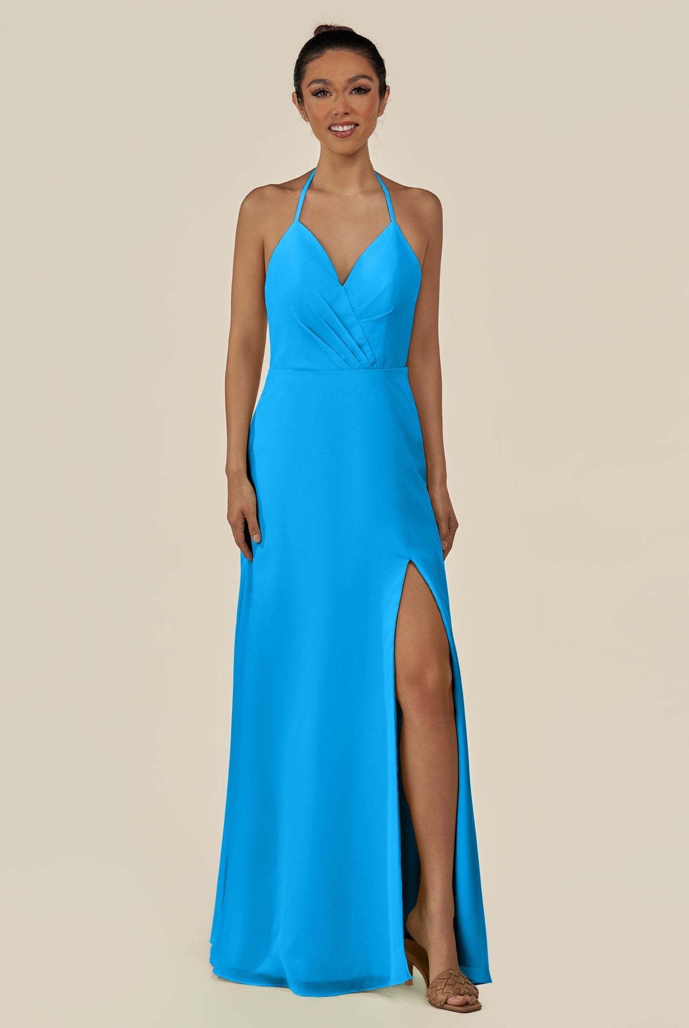KissDress-Caris Blue Jay A Line Chiffon Halter Neck Pleated Long Bridesmaid Dress with Slit