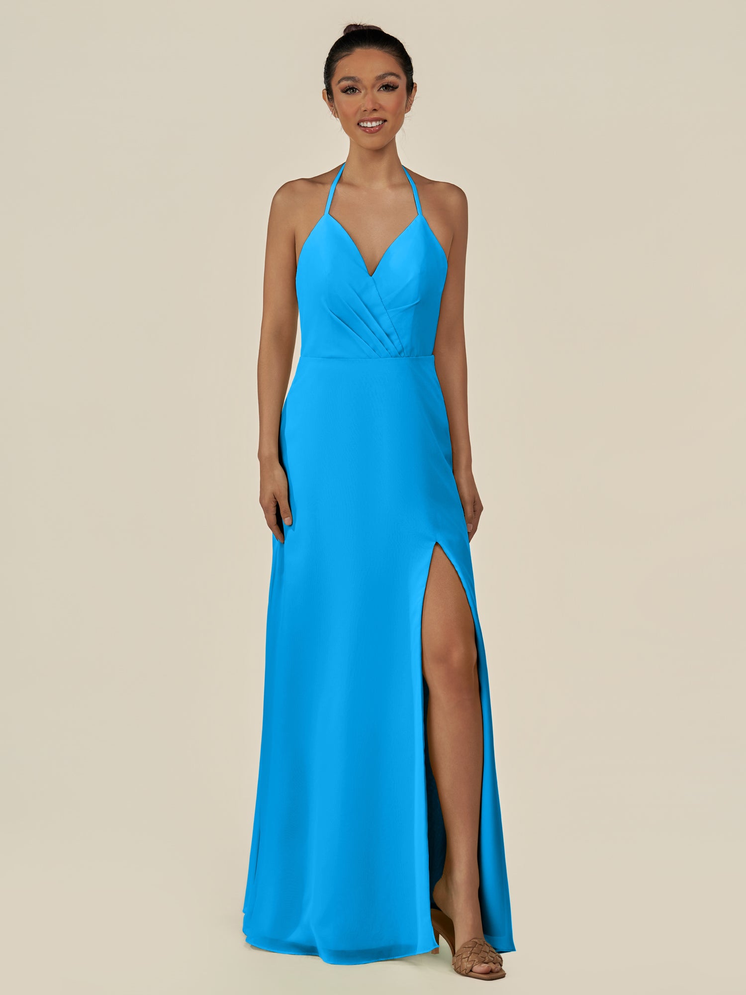 KissDress-Caris Blue Jay A Line Chiffon Halter Neck Pleated Long Bridesmaid Dress with Slit