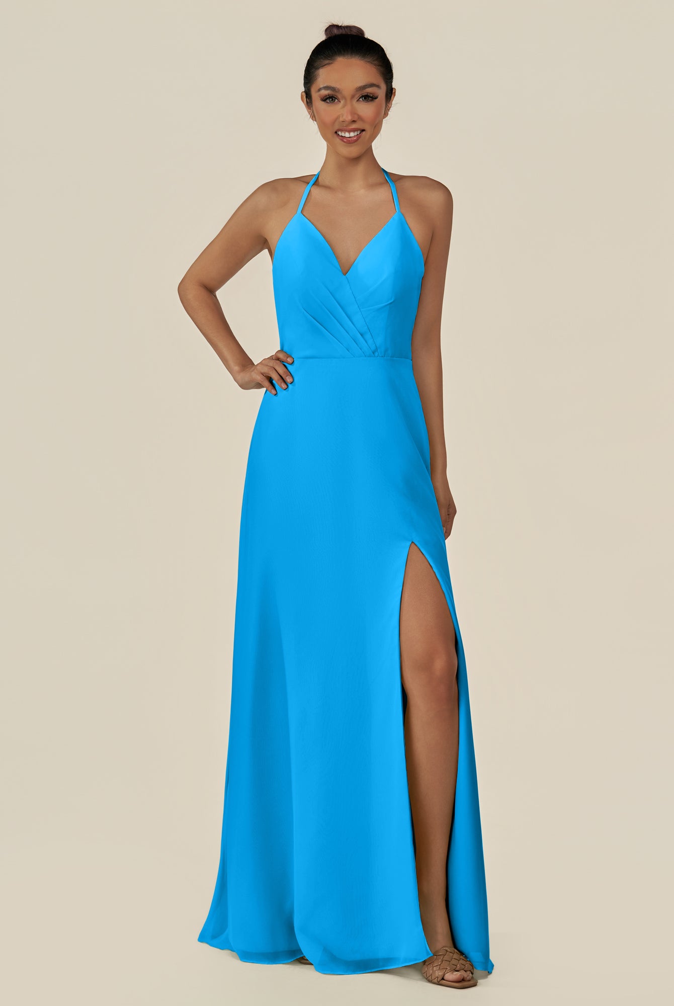 KissDress-Caris Blue Jay A Line Chiffon Halter Neck Pleated Long Bridesmaid Dress with Slit