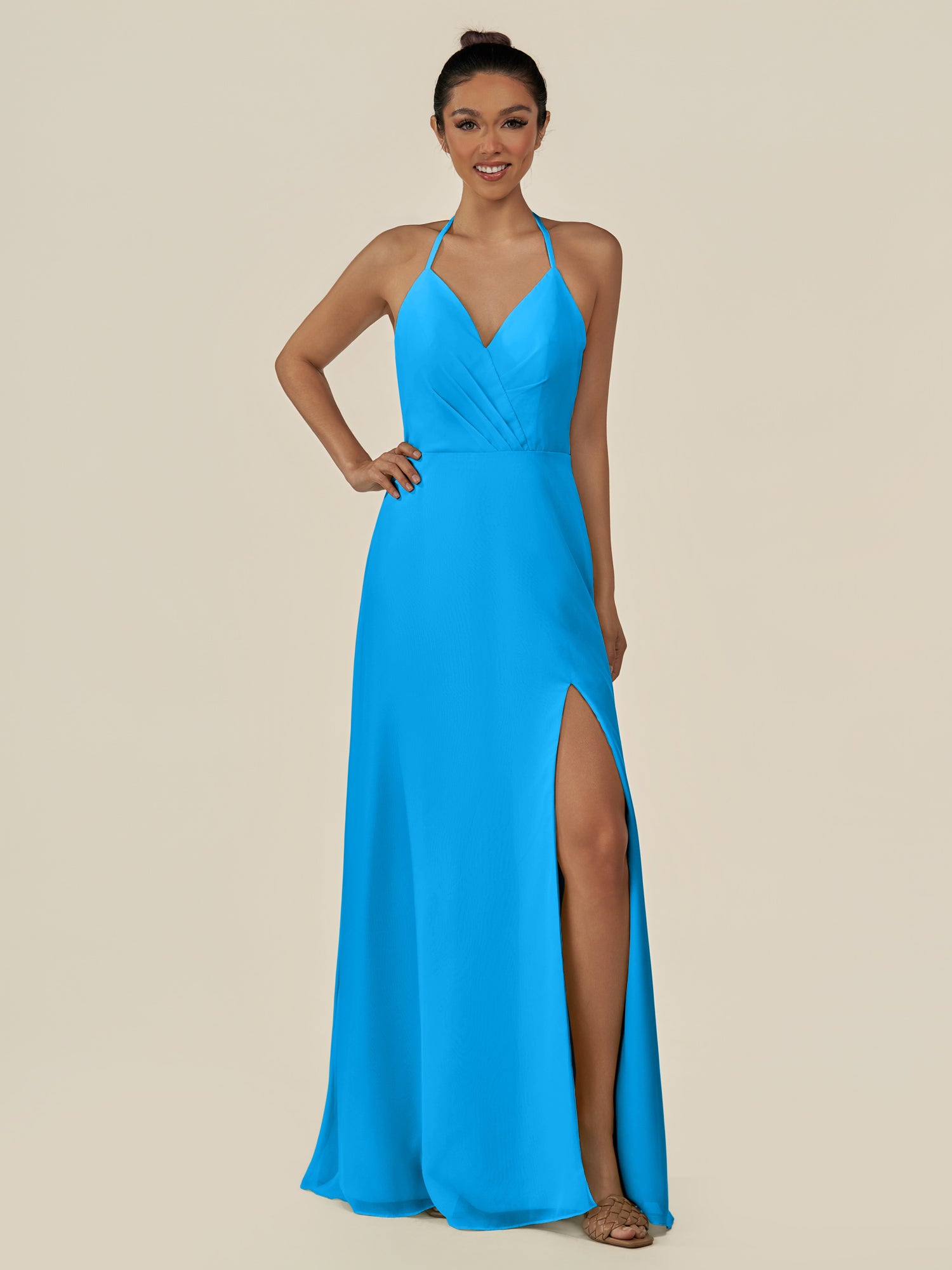 KissDress-Caris Blue Jay A Line Chiffon Halter Neck Pleated Long Bridesmaid Dress with Slit