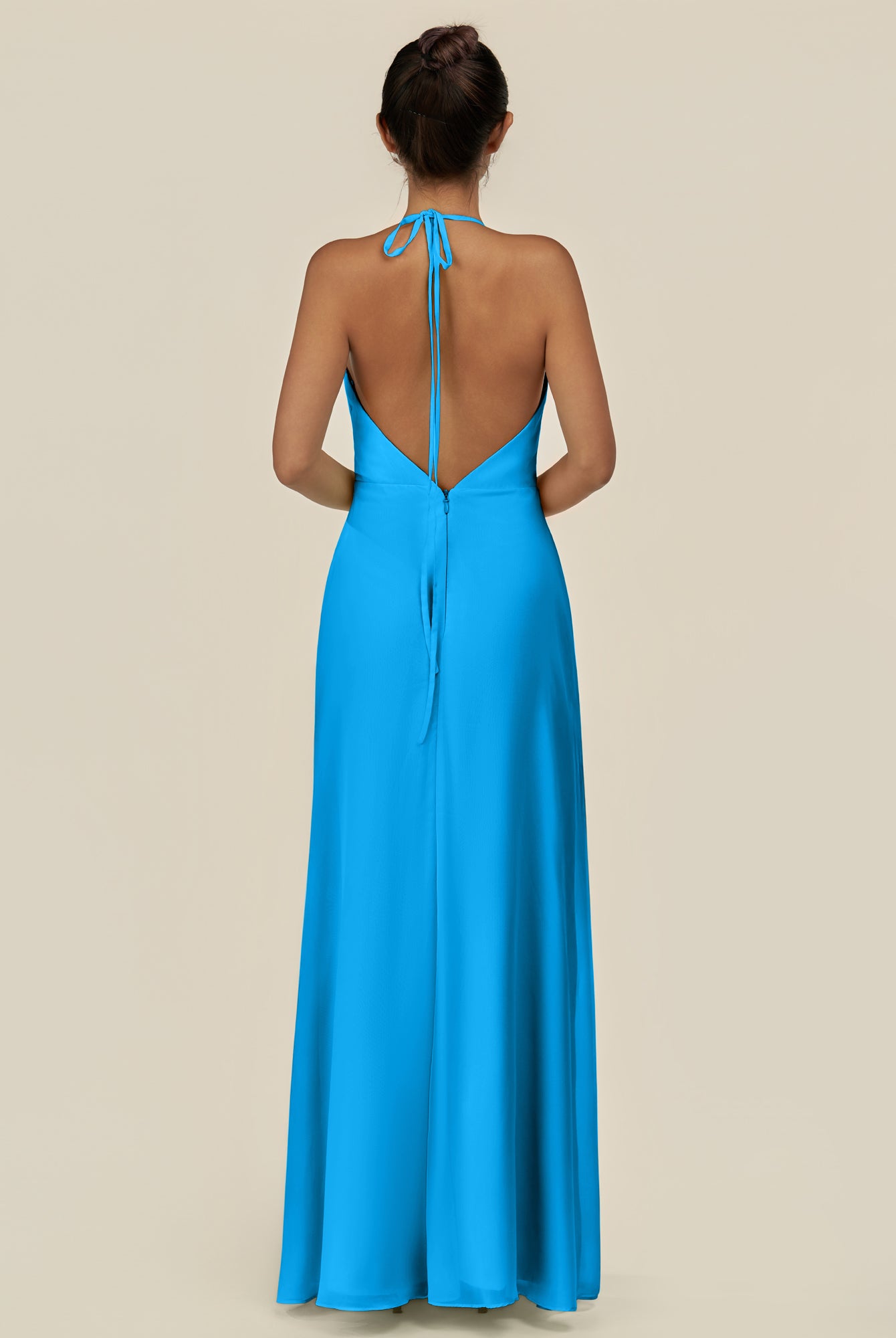 KissDress-Caris Blue Jay A Line Chiffon Halter Neck Pleated Long Bridesmaid Dress with Slit