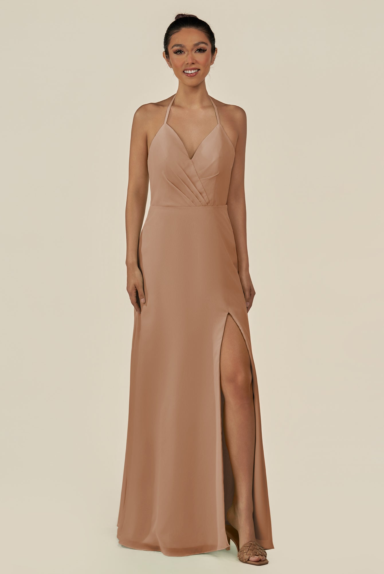 KissDress-Caris Bronzer A Line Chiffon Halter Neck Pleated Long Bridesmaid Dress with Slit