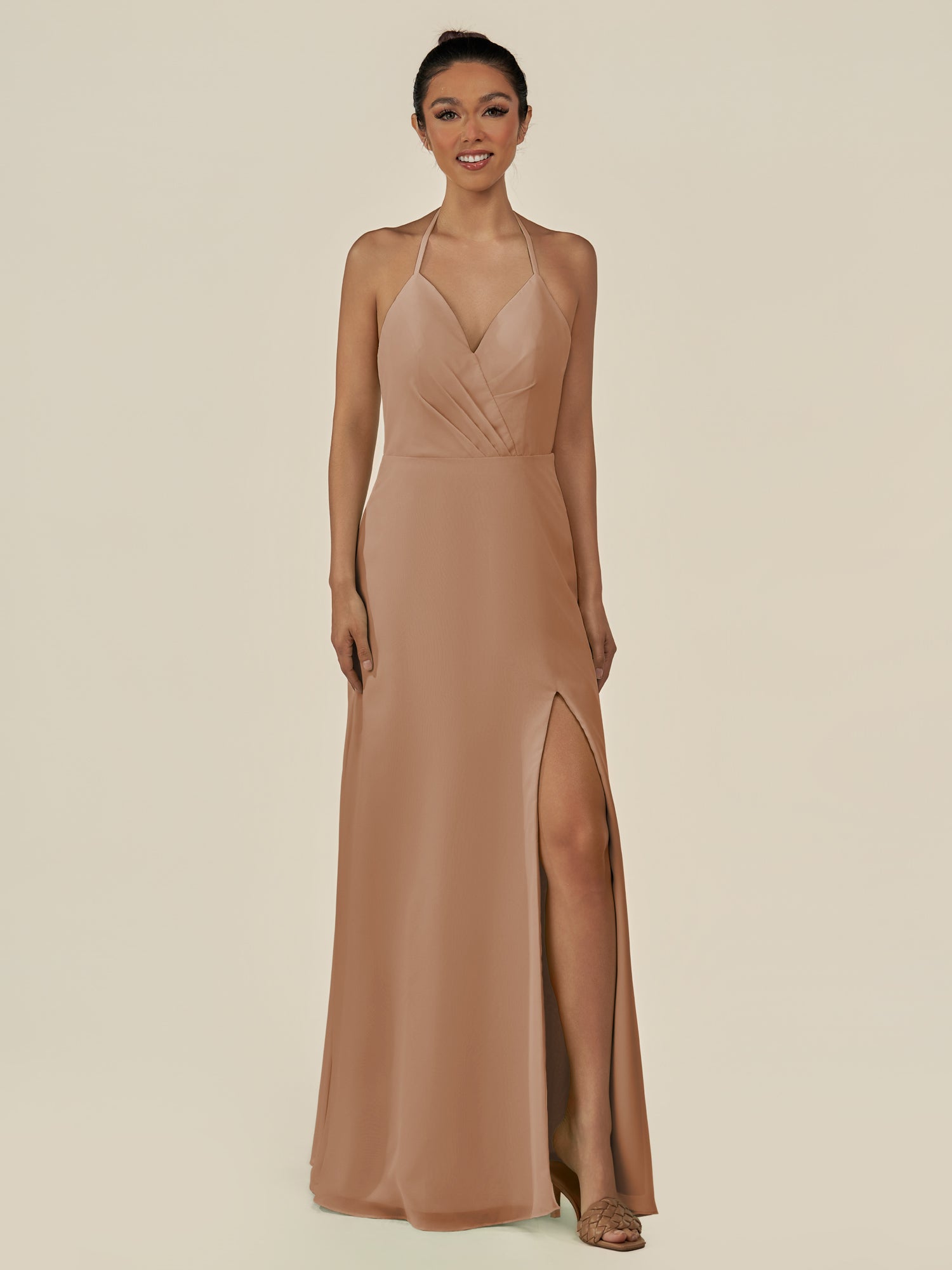 KissDress-Caris Bronzer A Line Chiffon Halter Neck Pleated Long Bridesmaid Dress with Slit
