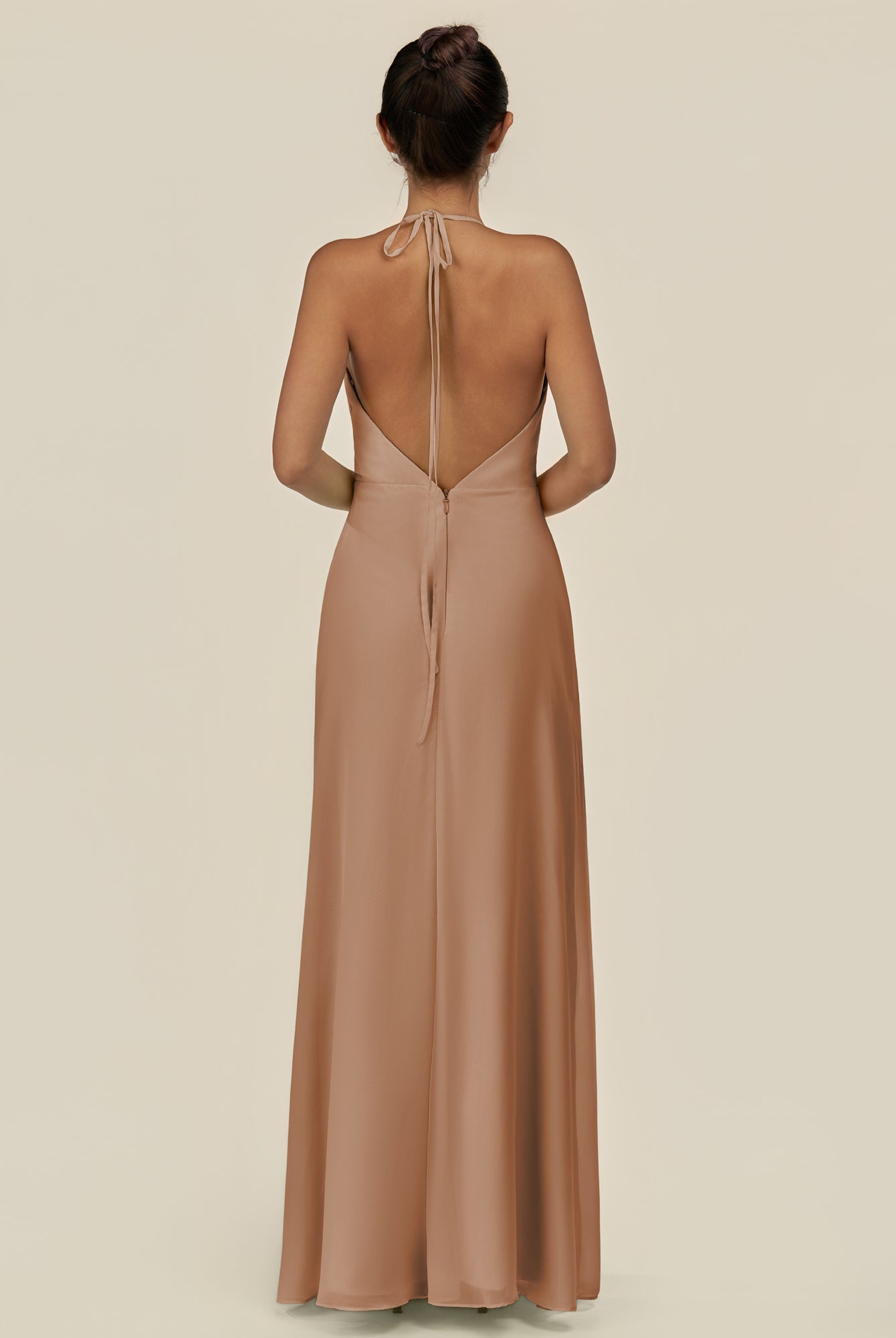 KissDress-Caris Bronzer A Line Chiffon Halter Neck Pleated Long Bridesmaid Dress with Slit