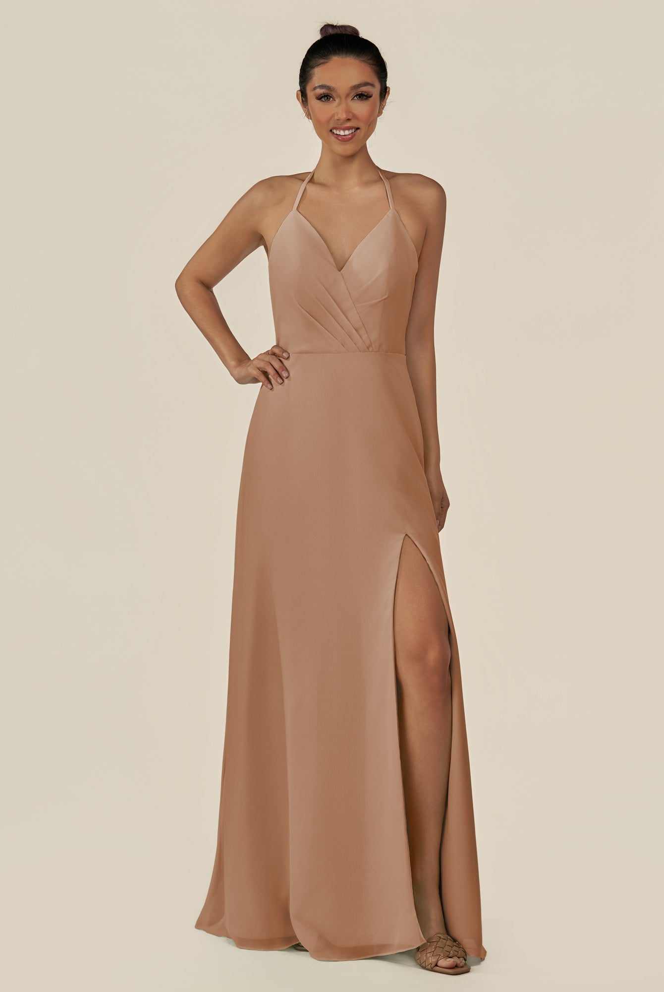 KissDress-Caris Bronzer A Line Chiffon Halter Neck Pleated Long Bridesmaid Dress with Slit