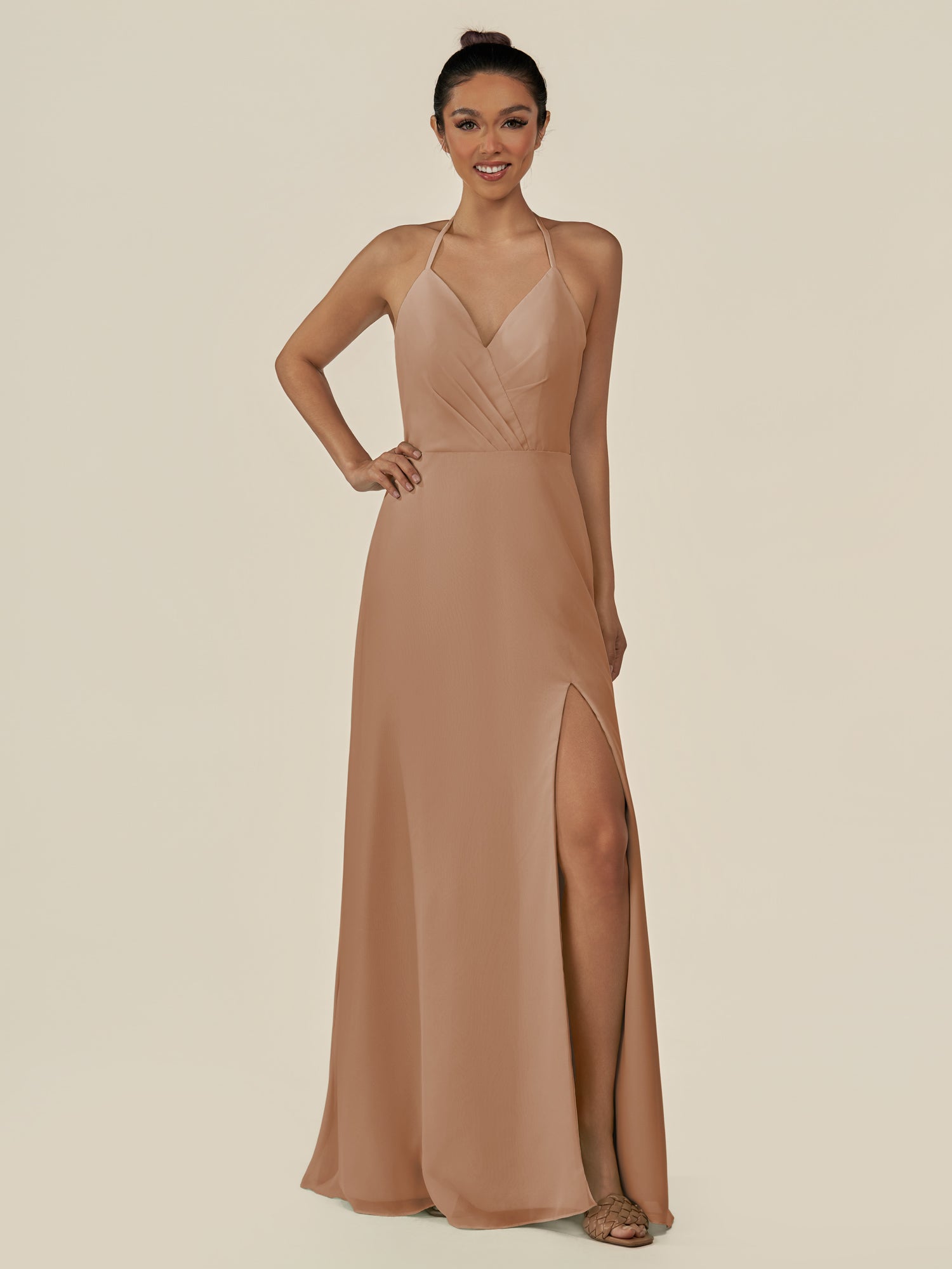 KissDress-Caris Bronzer A Line Chiffon Halter Neck Pleated Long Bridesmaid Dress with Slit