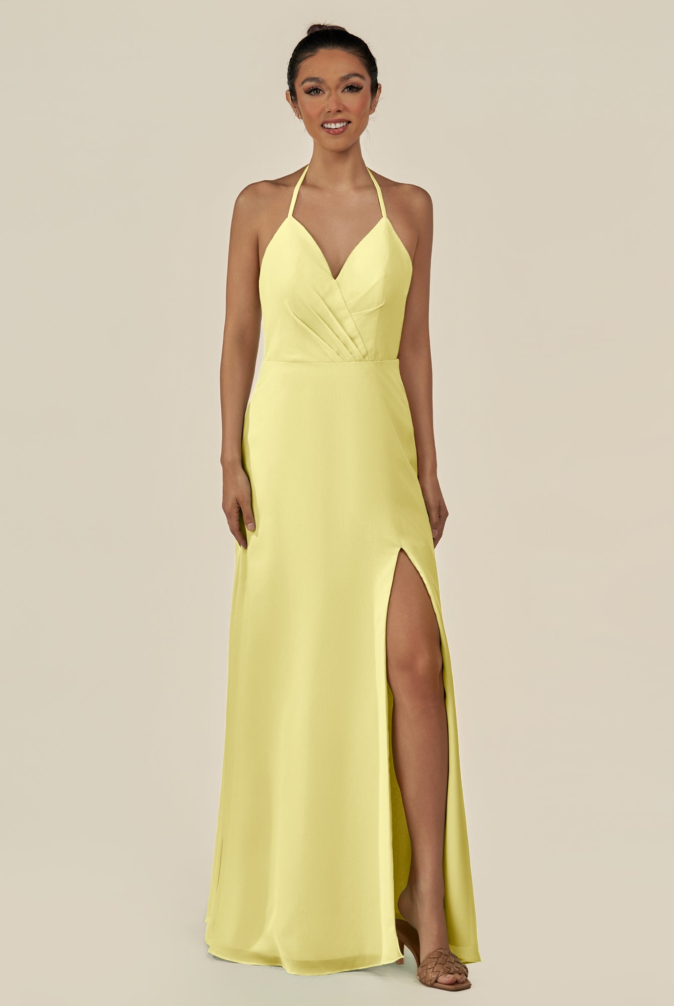 KissDress-Caris Buttercup A Line Chiffon Halter Neck Pleated Long Bridesmaid Dress with Slit
