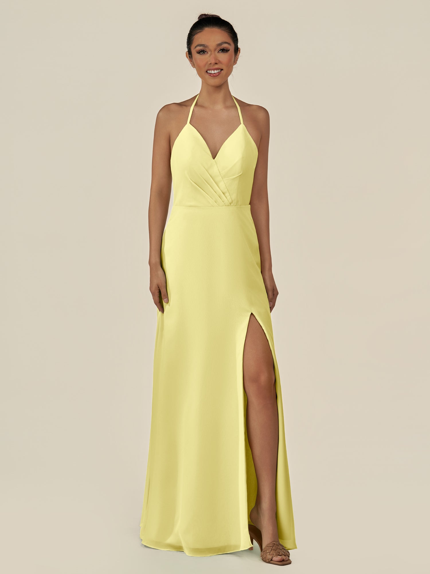 KissDress-Caris Buttercup A Line Chiffon Halter Neck Pleated Long Bridesmaid Dress with Slit