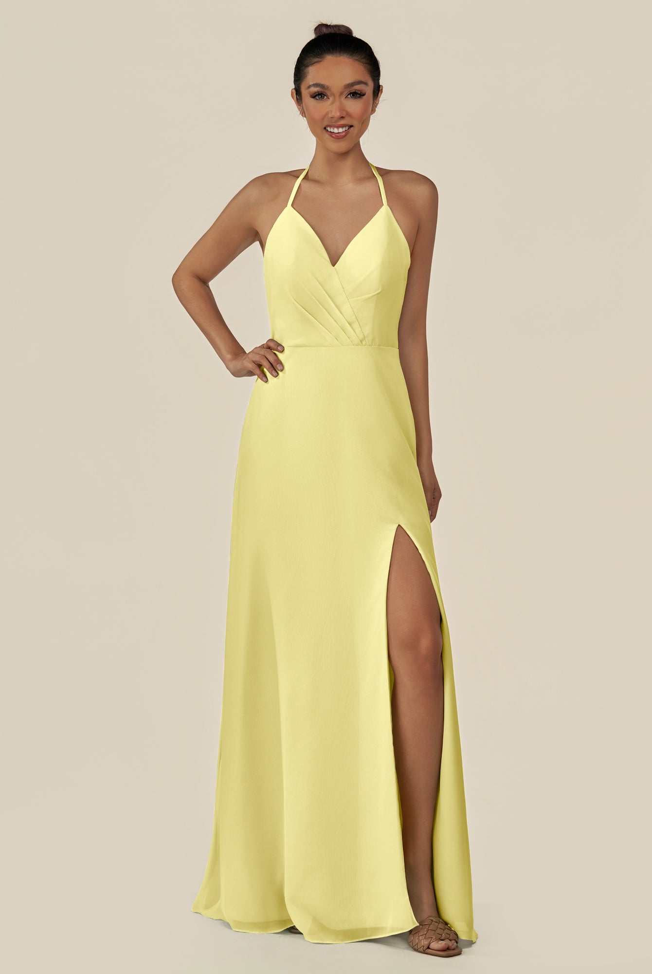 KissDress-Caris Buttercup A Line Chiffon Halter Neck Pleated Long Bridesmaid Dress with Slit