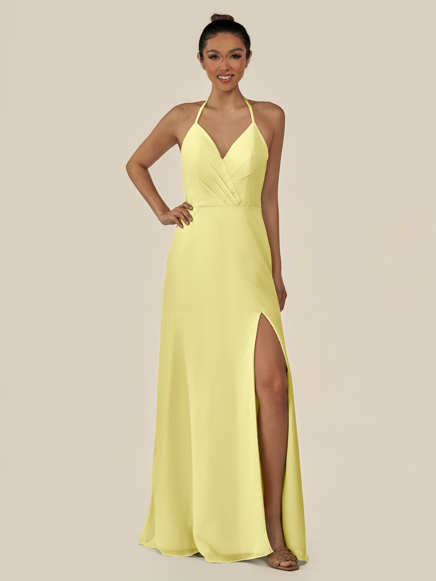 KissDress-Caris Buttercup A Line Chiffon Halter Neck Pleated Long Bridesmaid Dress with Slit