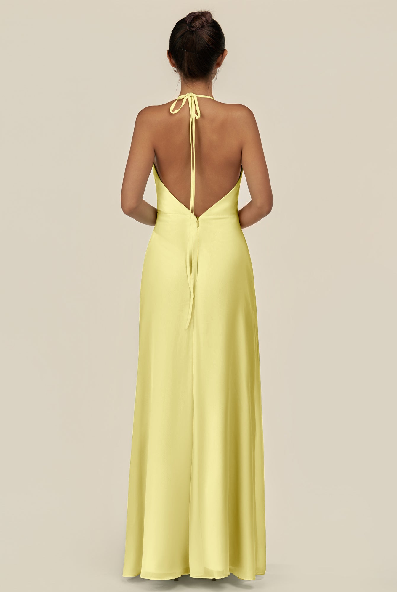 KissDress-Caris Buttercup A Line Chiffon Halter Neck Pleated Long Bridesmaid Dress with Slit