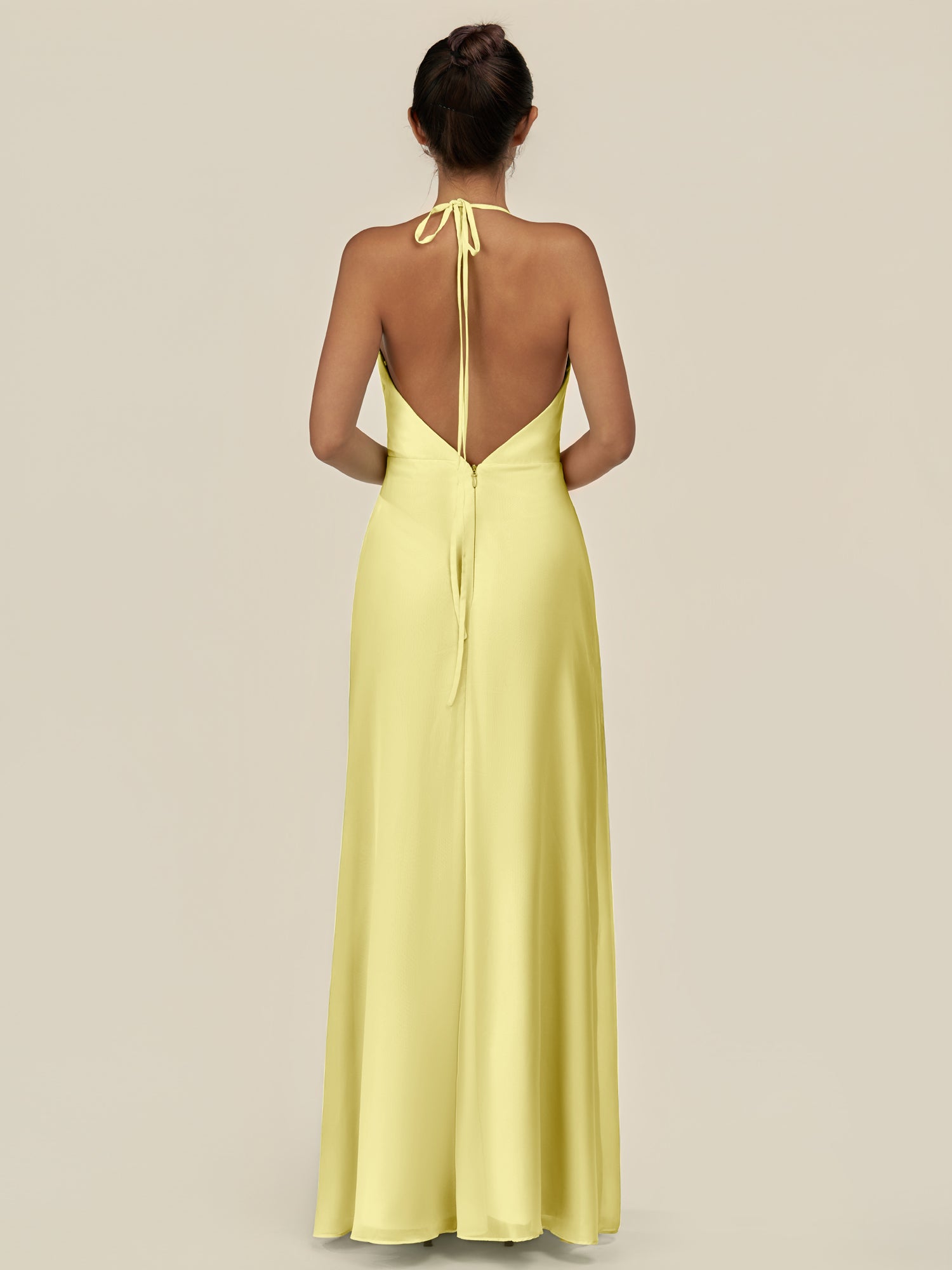 KissDress-Caris Buttercup A Line Chiffon Halter Neck Pleated Long Bridesmaid Dress with Slit