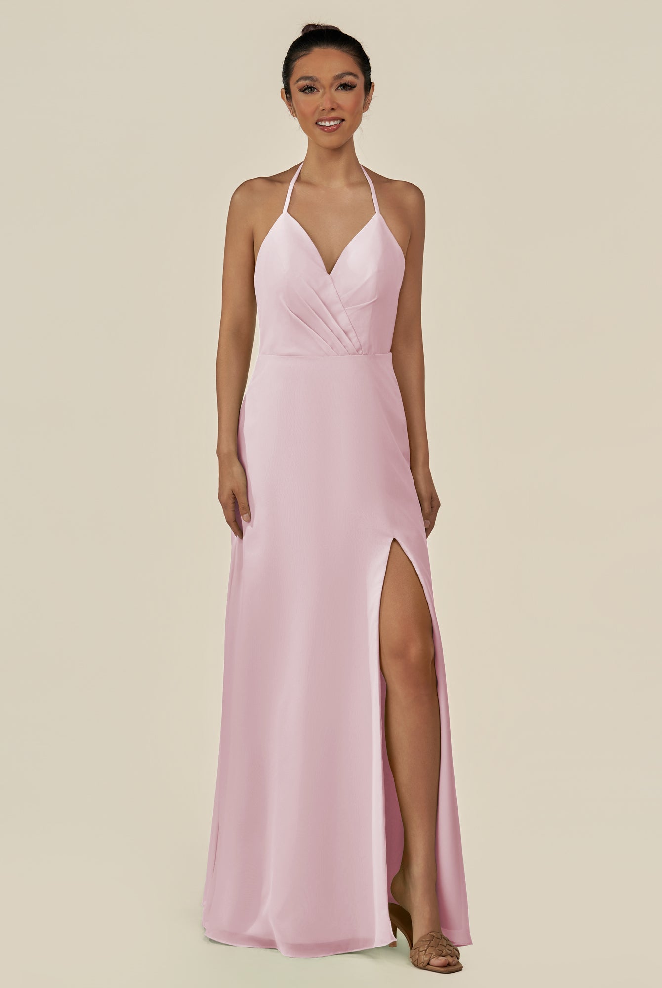 KissDress-Caris Candy Pink A Line Chiffon Halter Neck Pleated Long Bridesmaid Dress with Slit