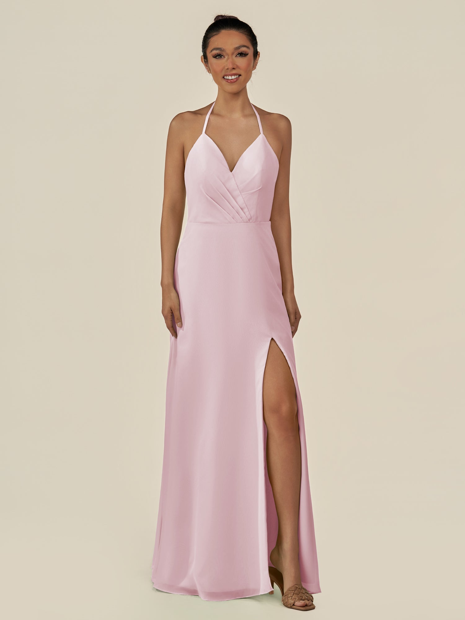 KissDress-Caris Candy Pink A Line Chiffon Halter Neck Pleated Long Bridesmaid Dress with Slit