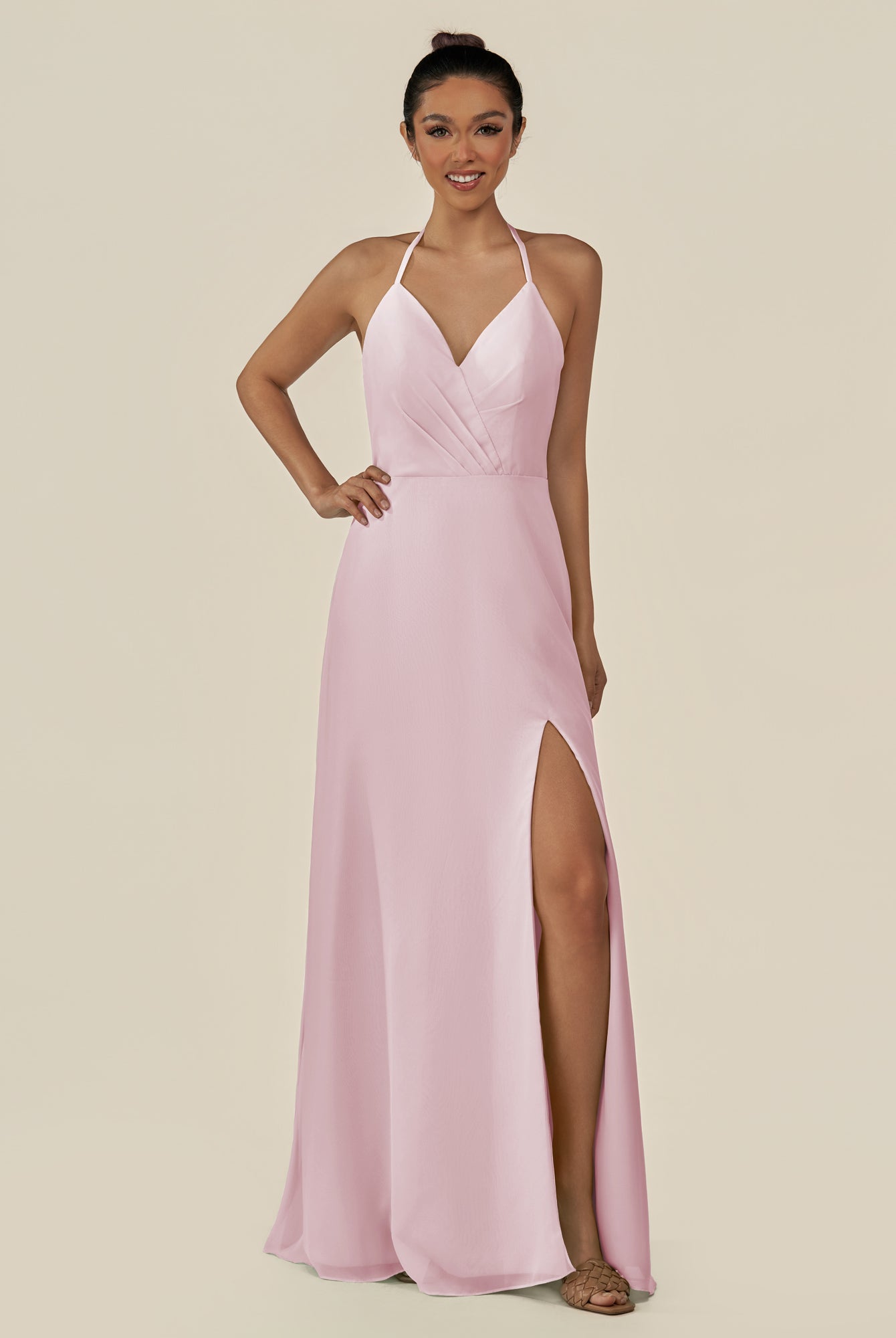 KissDress-Caris Candy Pink A Line Chiffon Halter Neck Pleated Long Bridesmaid Dress with Slit