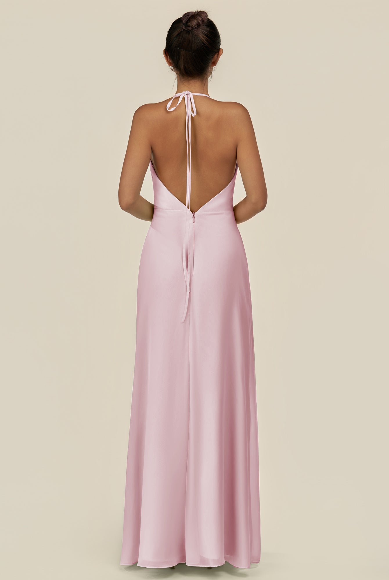KissDress-Caris Candy Pink A Line Chiffon Halter Neck Pleated Long Bridesmaid Dress with Slit