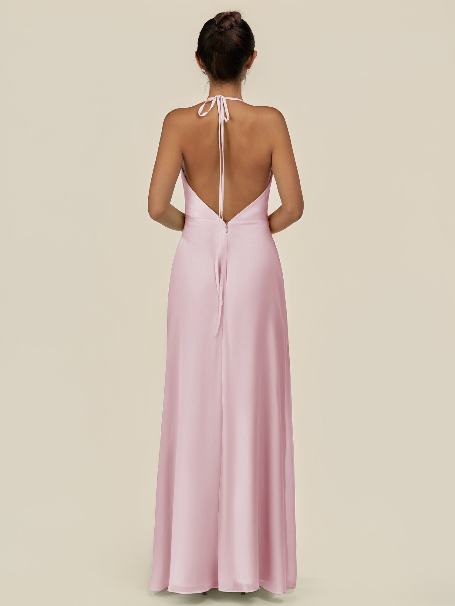 KissDress-Caris Candy Pink A Line Chiffon Halter Neck Pleated Long Bridesmaid Dress with Slit