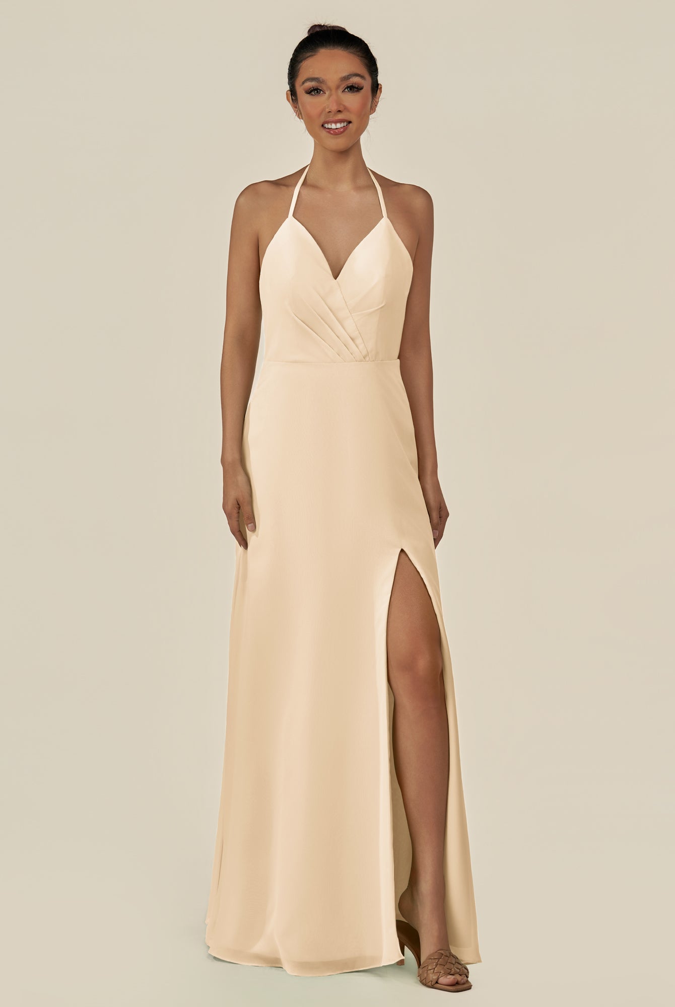 KissDress-Caris Champagne A Line Chiffon Halter Neck Pleated Long Bridesmaid Dress with Slit