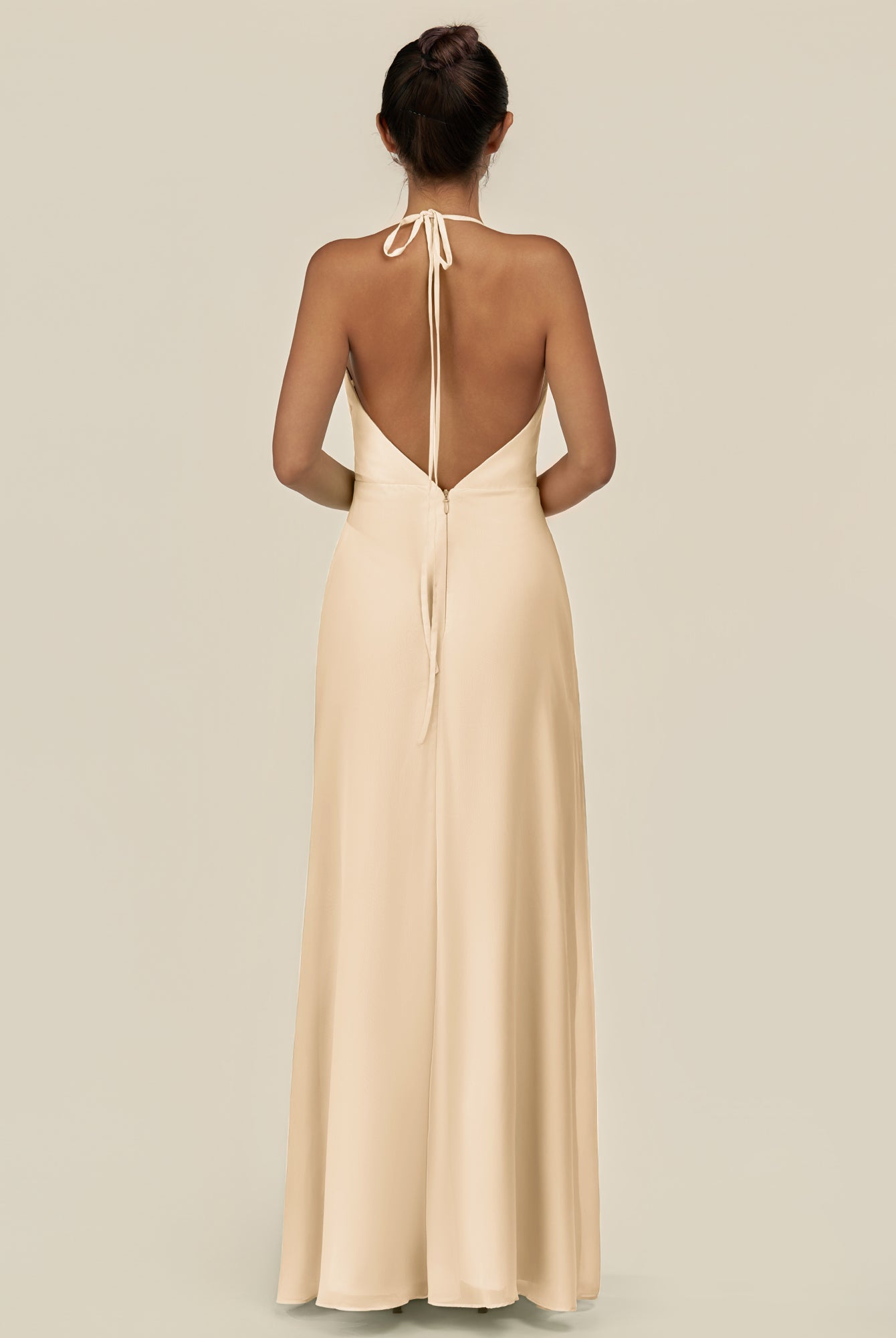 KissDress-Caris Champagne A Line Chiffon Halter Neck Pleated Long Bridesmaid Dress with Slit