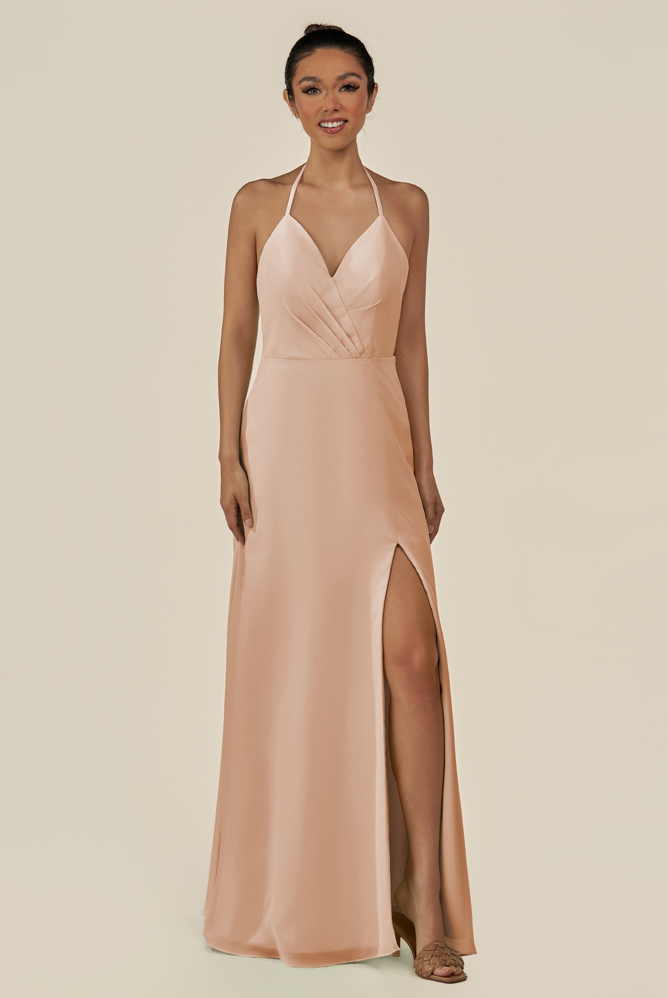 KissDress-Caris Champagne Rose A Line Chiffon Halter Neck Pleated Long Bridesmaid Dress with Slit